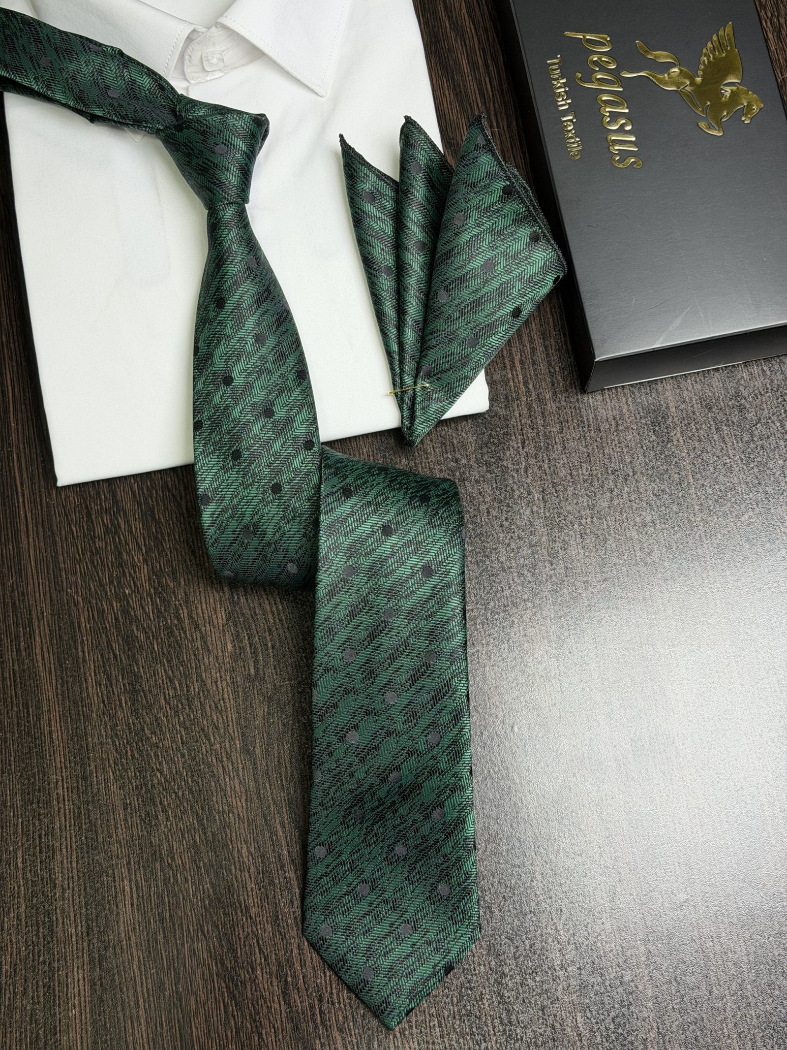 Royal Olive & Black Dotted Turkish Tie 7.5 cm with handkerchief - Image 2