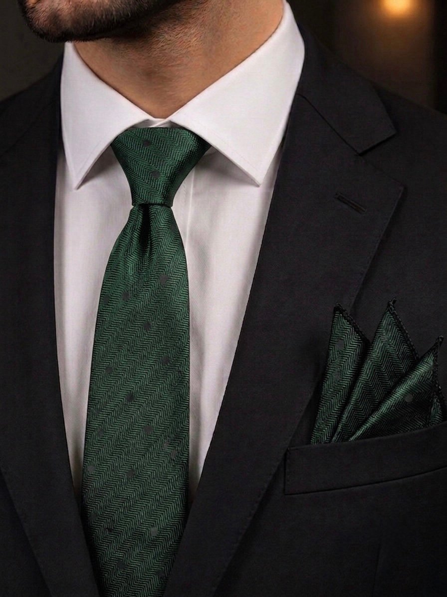 Royal Olive & Black Dotted Turkish Tie 7.5 cm with handkerchief