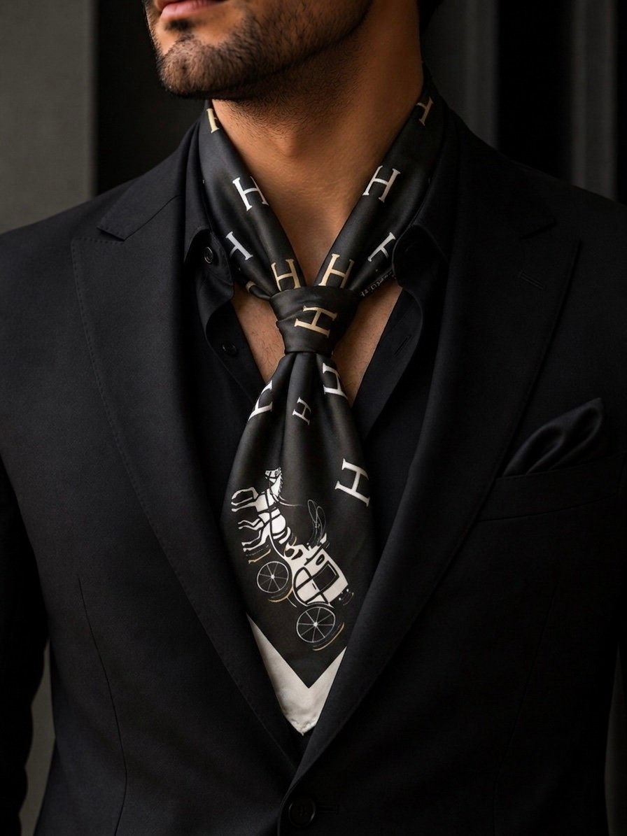 Luxury Black & Ivory Equestrian Silk Ascot Scarf