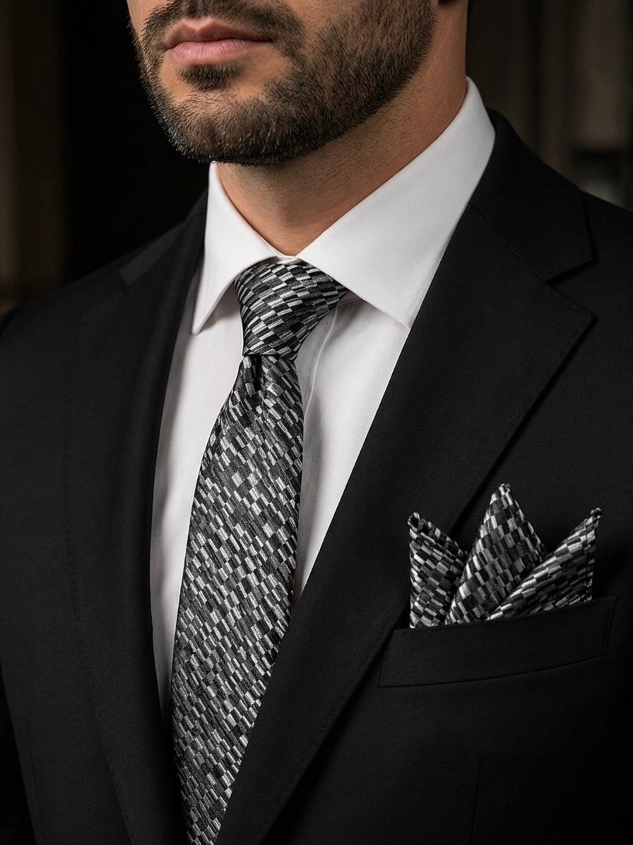 Black & Silver Turkish Tie Set 7.5 cmIncludes Matching Pocket Square & Luxury Gift Box - Image 4