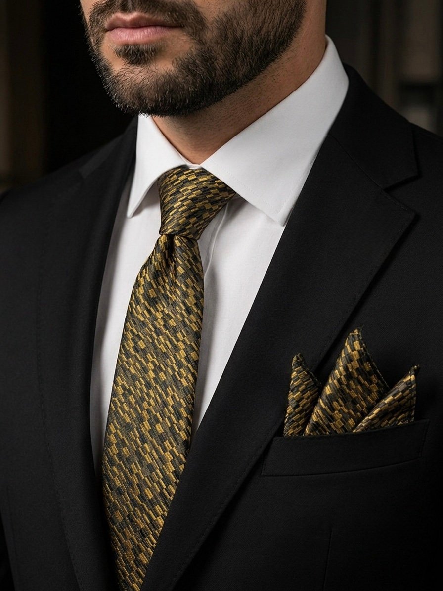 Gold & Black Turkish Tie Set – 7.5 cmIncludes Matching Pocket Square & Luxury Gift Box