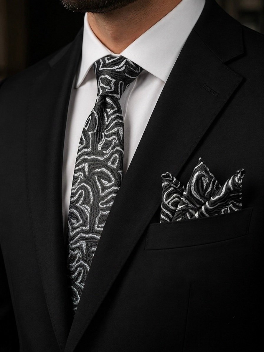 Black & white Turkish Tie Set 7 cmIncludes Matching Pocket Square & Luxury Gift Box