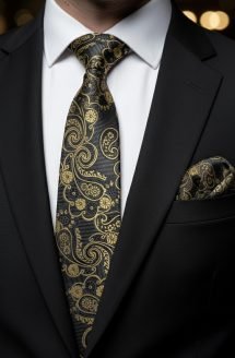 Golden Black Turkish Tie Set  –  7.5 cmIncludes Matching Pocket Square & Luxury Gift Box