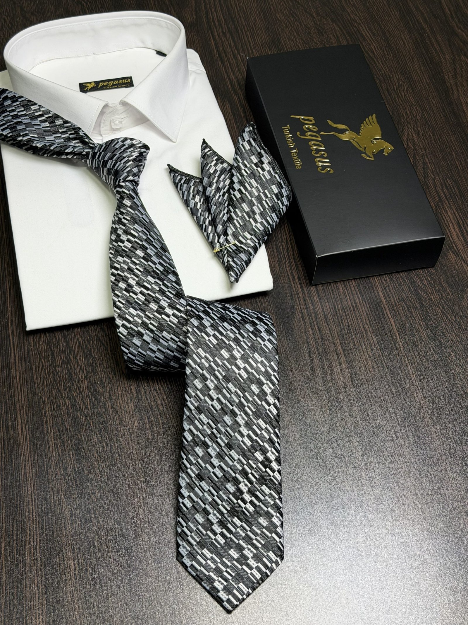 Black & Silver Turkish Tie Set 7.5 cmIncludes Matching Pocket Square & Luxury Gift Box - Image 5