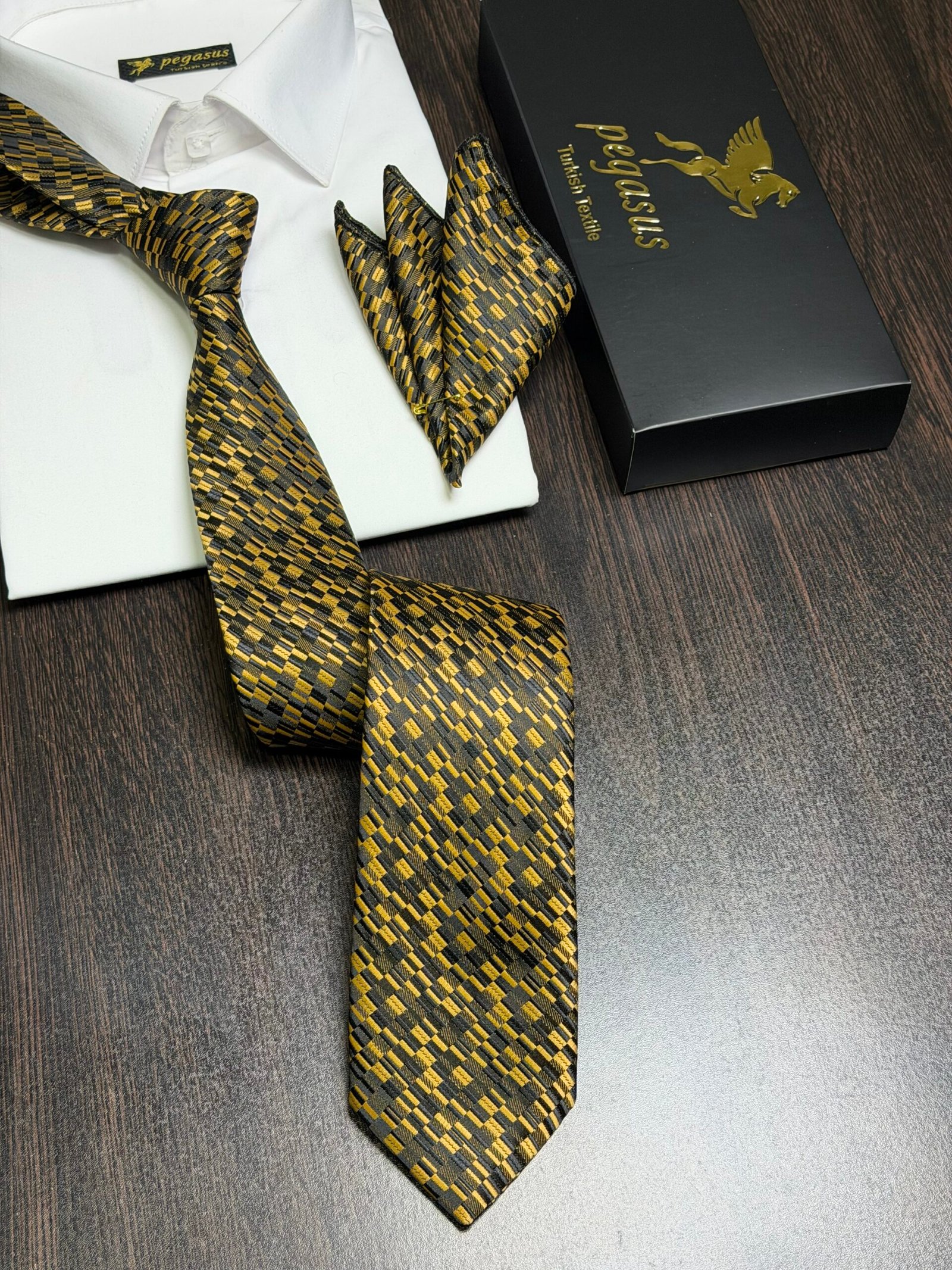Gold & Black Turkish Tie Set – 7.5 cmIncludes Matching Pocket Square & Luxury Gift Box - Image 2