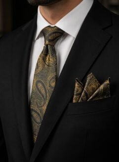 10- Black & Gold premium Turkish Tie Set  – 7.5 cm

Includes Matching Pocket Square & Luxury Gift Box