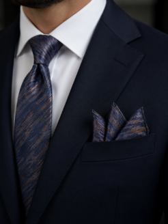 Navy& beige Turkish tie with handkerchief - 8.5 cm