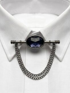 Luxury Silver-Tone Collar Pin with Navy Stone & Double Chains