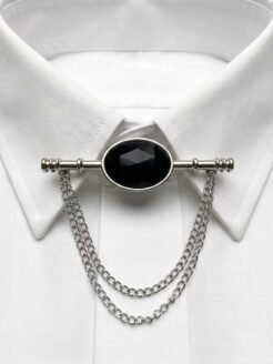 Luxury Silver-Tone Collar Pin with Black Stone & Double Chains