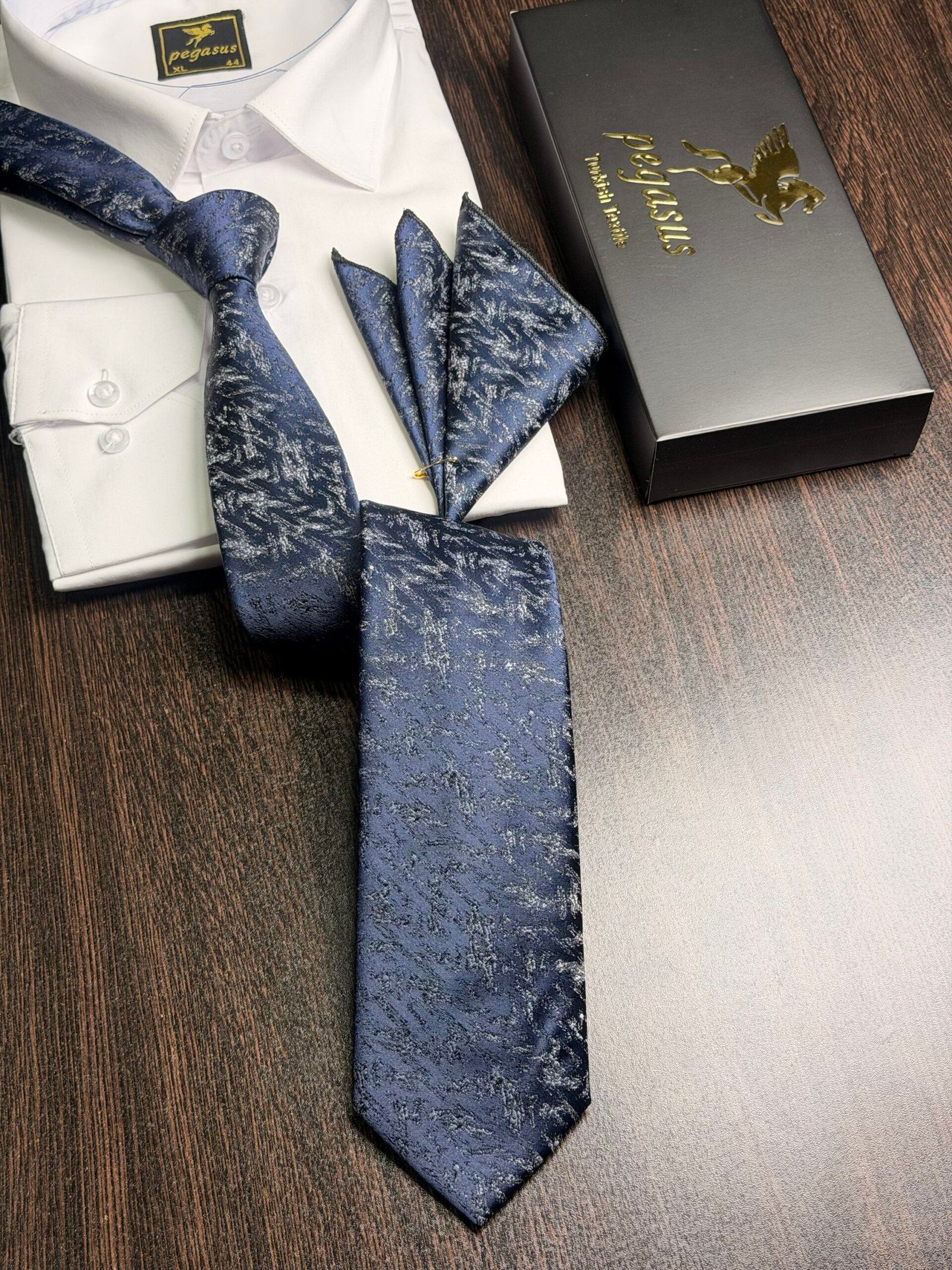 Dark Blue waves Turkish Tie Set 7.5 cm
Includes Matching Pocket Square & Luxury Gift Box - Image 2